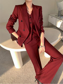Set costum burgundă femei primăvară 2023 birou dama rever vestă cu un singur piept pantaloni largi blazer set trei piese