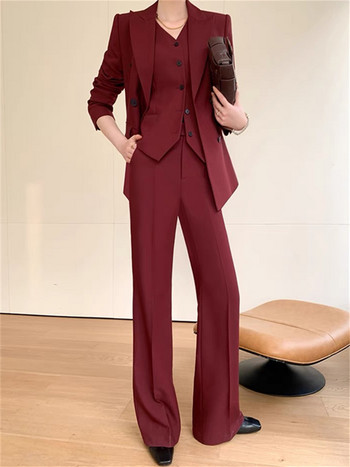 Комплект костюми в бордо Дамски костюм Пролет 2023 Офис Дамска едноредна жилетка с широки крачоли Панталони Блейзър Комплект от три части