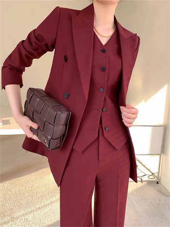 Σετ μπορντό γυναικείο κοστούμι άνοιξη 2023 Γυναικείο πέτο γραφείου μονό στήθος Παντελόνι φαρδύ παντελόνι Blazer Σετ τριών τεμαχίων