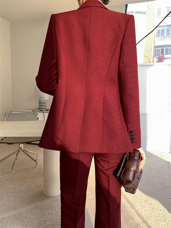 Комплект костюми в бордо Дамски костюм Пролет 2023 Офис Дамска едноредна жилетка с широки крачоли Панталони Блейзър Комплект от три части