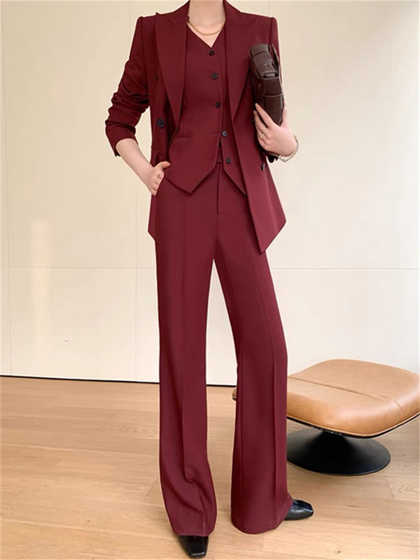 Set costum burgundă femei primăvară 2023 birou dama rever vestă cu un singur piept pantaloni largi blazer set trei piese
