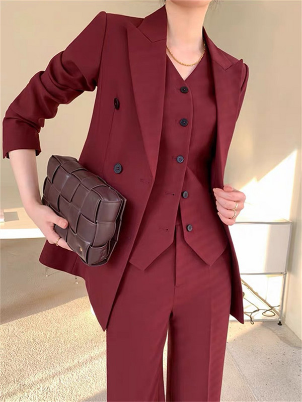 Set costum burgundă femei primăvară 2023 birou dama rever vestă cu un singur piept pantaloni largi blazer set trei piese