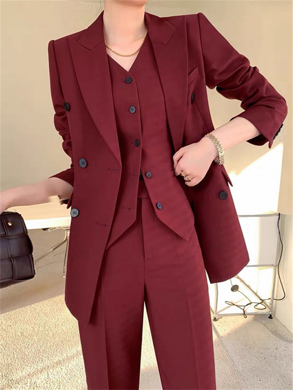 Set costum burgundă femei primăvară 2023 birou dama rever vestă cu un singur piept pantaloni largi blazer set trei piese