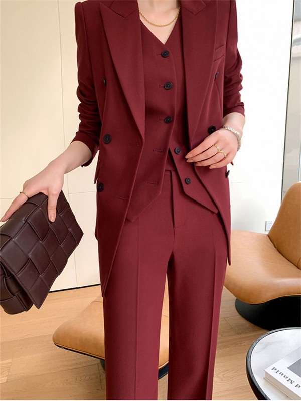 Set costum burgundă femei primăvară 2023 birou dama rever vestă cu un singur piept pantaloni largi blazer set trei piese