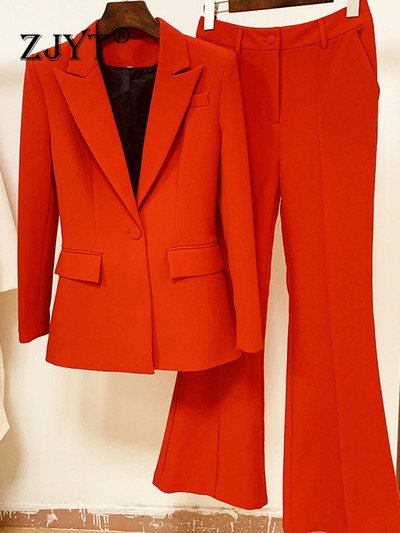 ZJYT Costume de toamnă de afaceri formale cu un singur buton Blazer și pantaloni 2 piese Ținute pentru femei Îmbrăcăminte de lucru pentru birou Set jachetă+pantaloni evazați