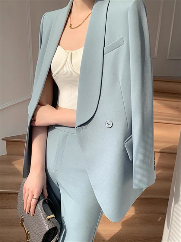 Blazer Femme pentru femei, primăvară 2023 Blue Haze Blazer cu crestături cu un singur nasture, pantaloni cu picioare largi, costume pentru dama de birou