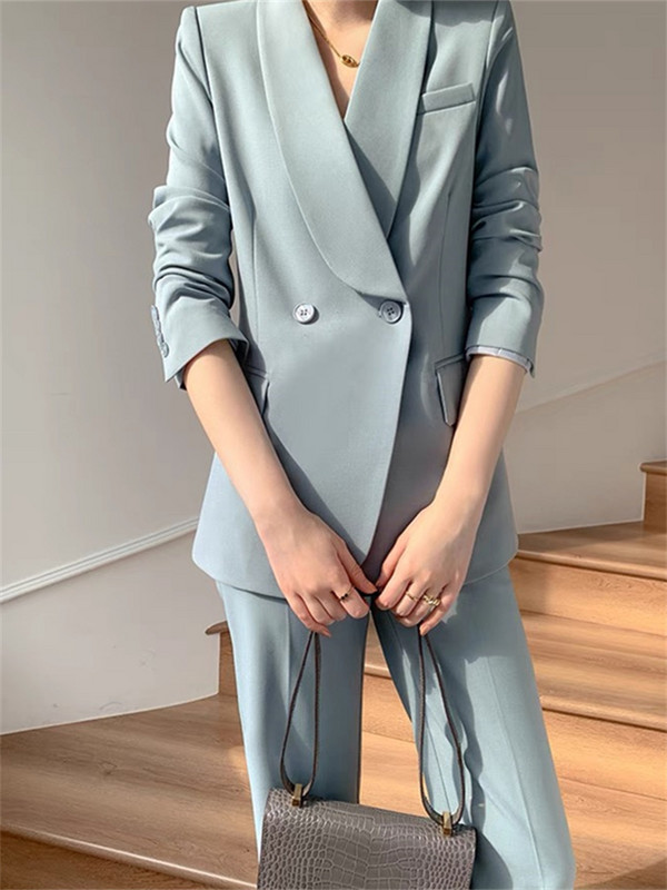 Blazer Femme pentru femei, primăvară 2023 Blue Haze Blazer cu crestături cu un singur nasture, pantaloni cu picioare largi, costume pentru dama de birou