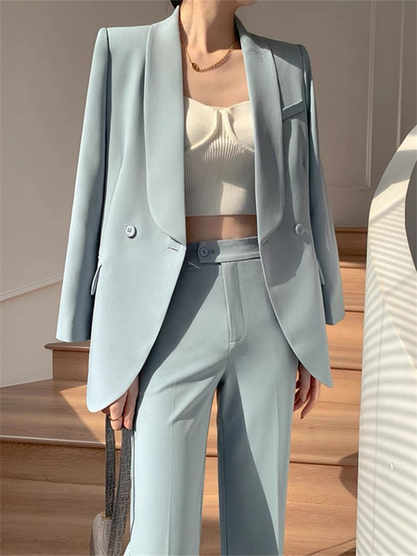 Blazer Femme pentru femei, primăvară 2023 Blue Haze Blazer cu crestături cu un singur nasture, pantaloni cu picioare largi, costume pentru dama de birou