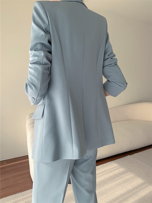 Blazer Femme pentru femei, primăvară 2023 Blue Haze Blazer cu crestături cu un singur nasture, pantaloni cu picioare largi, costume pentru dama de birou