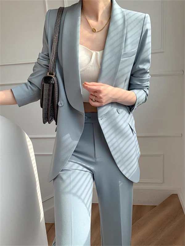 Blazer Femme pentru femei, primăvară 2023 Blue Haze Blazer cu crestături cu un singur nasture, pantaloni cu picioare largi, costume pentru dama de birou