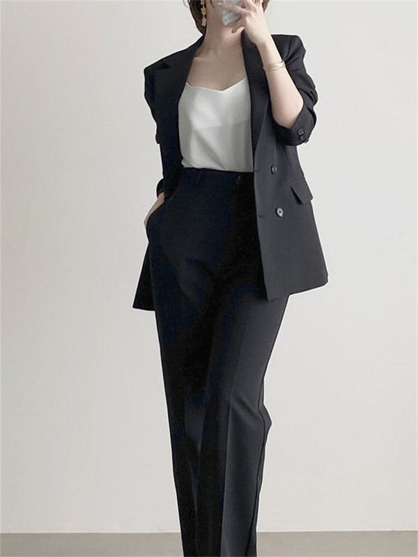 Costume pentru femei, primăvară 2023, negru, ocazional, blazer cu crestături, pantaloni largi pentru femei, set de costume pentru dama de birou