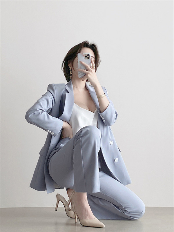 Costume pentru femei, primăvară 2023, negru, ocazional, blazer cu crestături, pantaloni largi pentru femei, set de costume pentru dama de birou