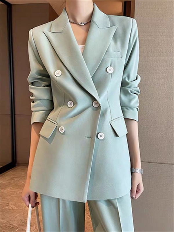 Costume verzi pentru femei, primăvară 2023, cu rever, haină dublu pieptată, pantaloni cu picioare largi, blaze pentru dama de birou, costum în două piese