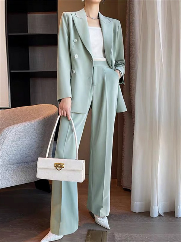 Costume verzi pentru femei, primăvară 2023, cu rever, haină dublu pieptată, pantaloni cu picioare largi, blaze pentru dama de birou, costum în două piese