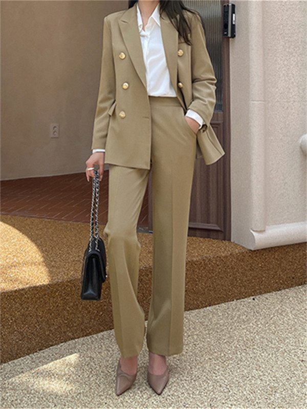 Set de costum pentru femei, primăvară 2023, rever, jachetă dublu pieptată, pantaloni cu picioare largi, blazere pentru dama de birou, costum din două piese