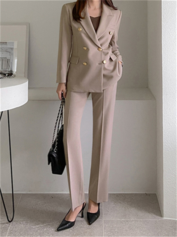 Set de costum pentru femei, primăvară 2023, rever, jachetă dublu pieptată, pantaloni cu picioare largi, blazere pentru dama de birou, costum din două piese