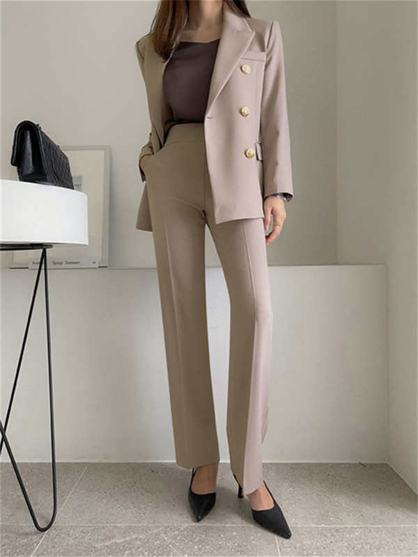 Set de costum pentru femei, primăvară 2023, rever, jachetă dublu pieptată, pantaloni cu picioare largi, blazere pentru dama de birou, costum din două piese