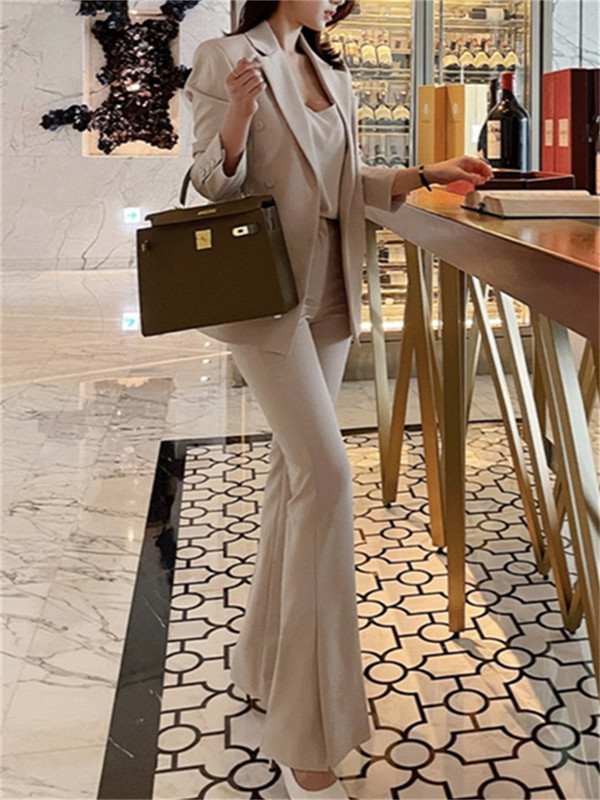 Costume pentru femei, primăvară 2023, cu rever, haină dublu pieptată, pantaloni cu picioare largi, pantaloni casual, pentru dama de birou, costum din două piese