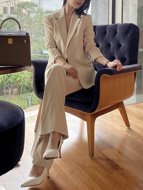 Costume pentru femei, primăvară 2023, cu rever, haină dublu pieptată, pantaloni cu picioare largi, pantaloni casual, pentru dama de birou, costum din două piese