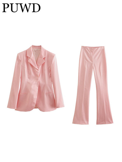 PUWD Set de pantaloni pentru costum de satin roz pentru femei 2022 Blazer pentru navetiști Pantaloni de stradă înaltă, vintage, subțiri, pentru femei