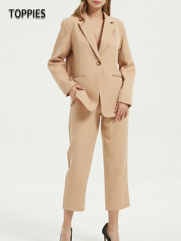 Toppies 2022 Set de costum de damă de primăvară Blazer de birou cu pantaloni cu talie înaltă Pantaloni până la gleznă Culoare uni guler crestat