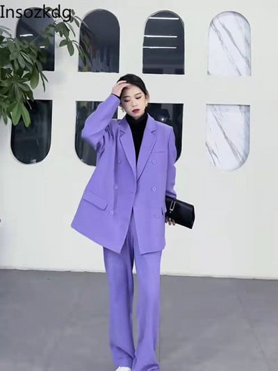 Lnsozkdg női öltöny 2022 Vintage Solid Purple Oversized Long Blazer+all- match Slim Suit Pants Kétrészes női High Street