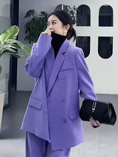 Lnsozkdg Costum pentru femeie 2022 Vintage Solid Violet Blazer lung supradimensionat + Pantaloni de costum subțiri complet asortați Set din două piese Femei High Street