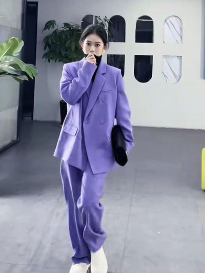Lnsozkdg Costum pentru femeie 2022 Vintage Solid Violet Blazer lung supradimensionat + Pantaloni de costum subțiri complet asortați Set din două piese Femei High Street