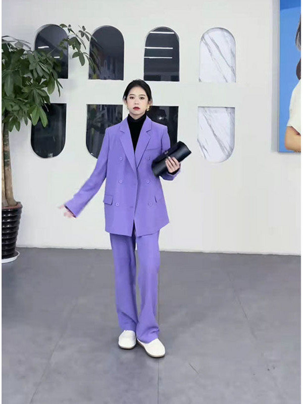 Lnsozkdg Costum pentru femeie 2022 Vintage Solid Violet Blazer lung supradimensionat + Pantaloni de costum subțiri complet asortați Set din două piese Femei High Street
