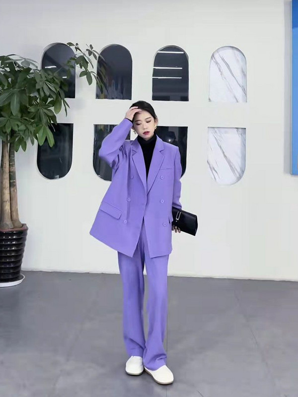 Lnsozkdg Costum pentru femeie 2022 Vintage Solid Violet Blazer lung supradimensionat + Pantaloni de costum subțiri complet asortați Set din două piese Femei High Street