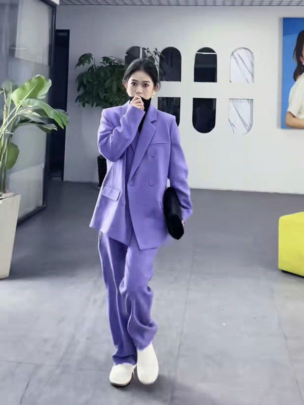 Lnsozkdg Costum pentru femeie 2022 Vintage Solid Violet Blazer lung supradimensionat + Pantaloni de costum subțiri complet asortați Set din două piese Femei High Street