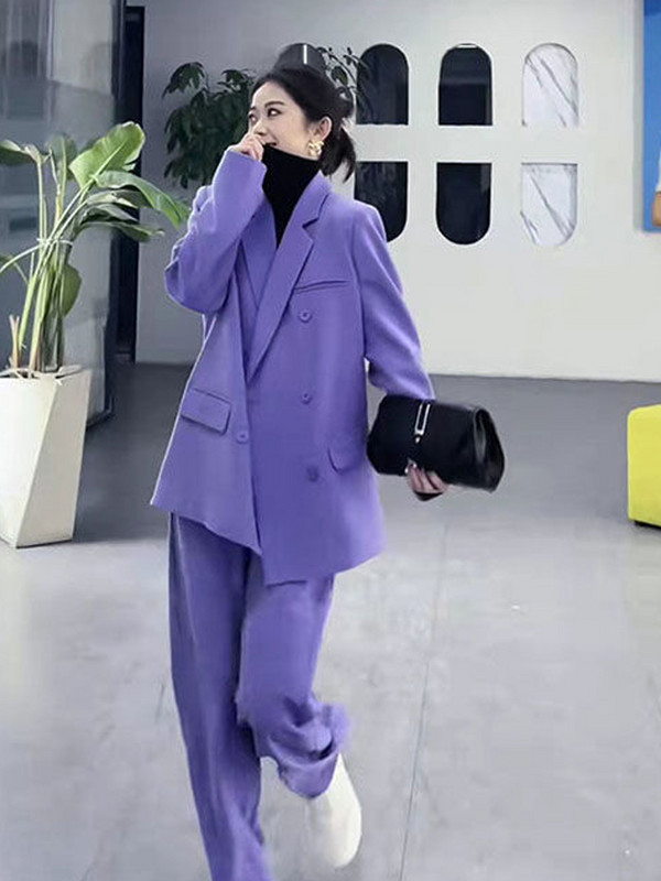 Lnsozkdg Costum pentru femeie 2022 Vintage Solid Violet Blazer lung supradimensionat + Pantaloni de costum subțiri complet asortați Set din două piese Femei High Street