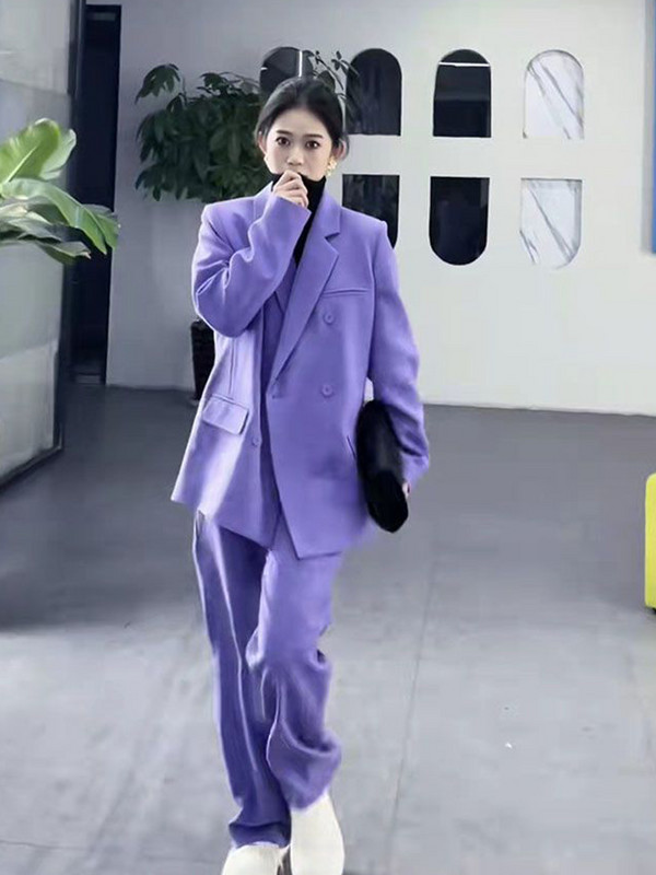 Lnsozkdg Costum pentru femeie 2022 Vintage Solid Violet Blazer lung supradimensionat + Pantaloni de costum subțiri complet asortați Set din două piese Femei High Street