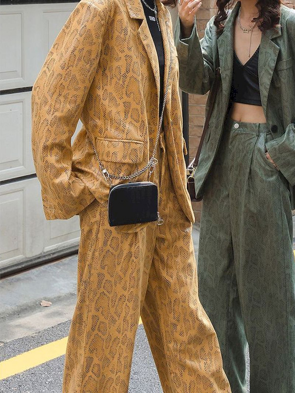 Primăvară Toamnă Blazer nou Costume cu imprimeu leopard Jachete din piele Pantaloni largi de damă cu talie înaltă Pantaloni din piele PU Costum din două piese