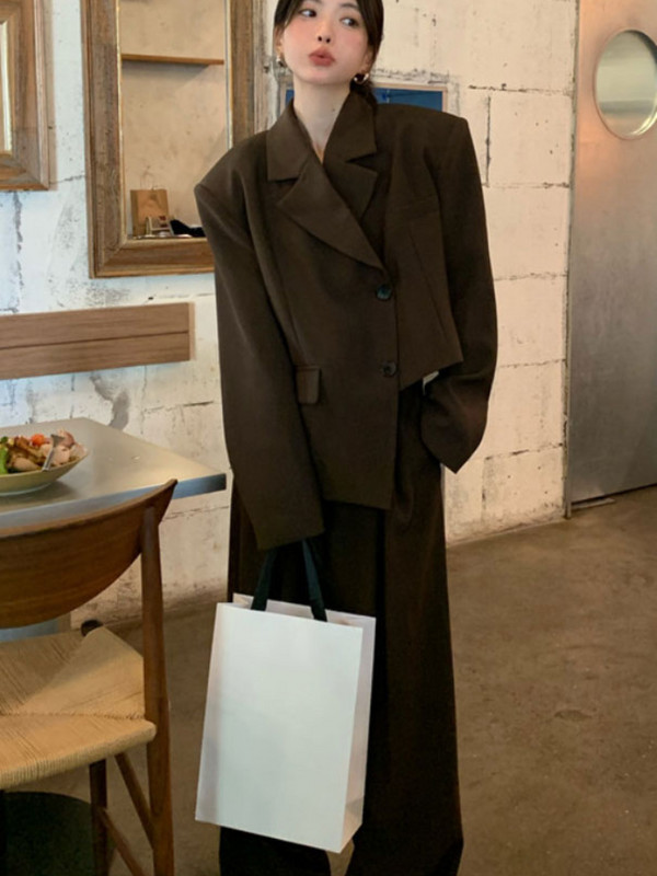 Lnsozkdg Vestiment elegante de afaceri Blazere + Pantaloni lați cu talie înaltă Costume Set 2 piese Primăvara 2022 Nouă modă Set de blaze vintage