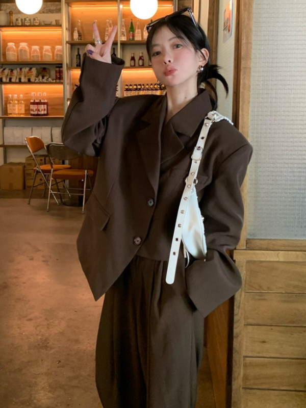 Lnsozkdg Vestiment elegante de afaceri Blazere + Pantaloni lați cu talie înaltă Costume Set 2 piese Primăvara 2022 Nouă modă Set de blaze vintage