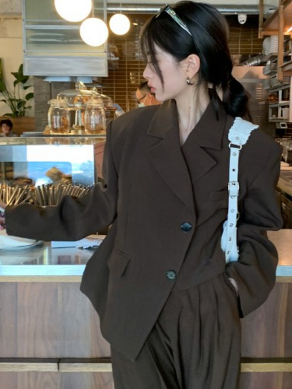 Lnsozkdg Vestiment elegante de afaceri Blazere + Pantaloni lați cu talie înaltă Costume Set 2 piese Primăvara 2022 Nouă modă Set de blaze vintage