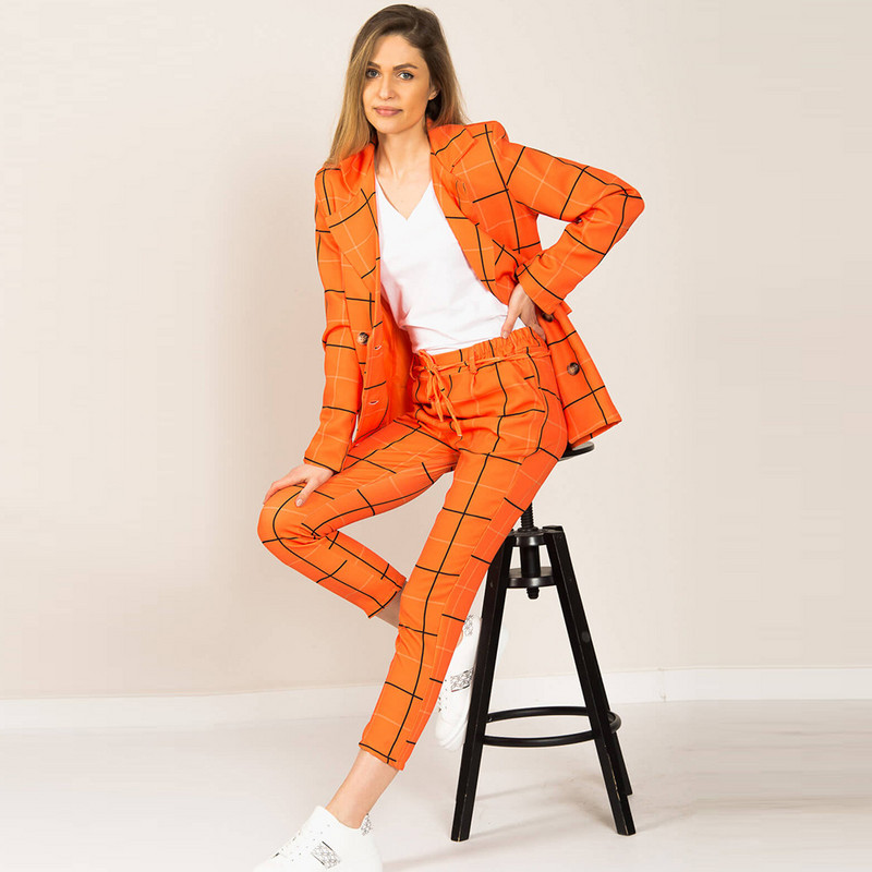 Primăvară Toamnă Nou 2 buc. Set de jachete în carouri pentru femei, cu mâneci lungi, blazer dublu piept, cu ținute casual cu pantaloni în nouă puncte