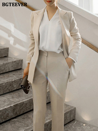 BGTEEVER Fashion Chic női tömör nadrágkosztümök, egygombos blézer és magas derekú öltönynadrág, elegáns női 2 részes nadrág szett