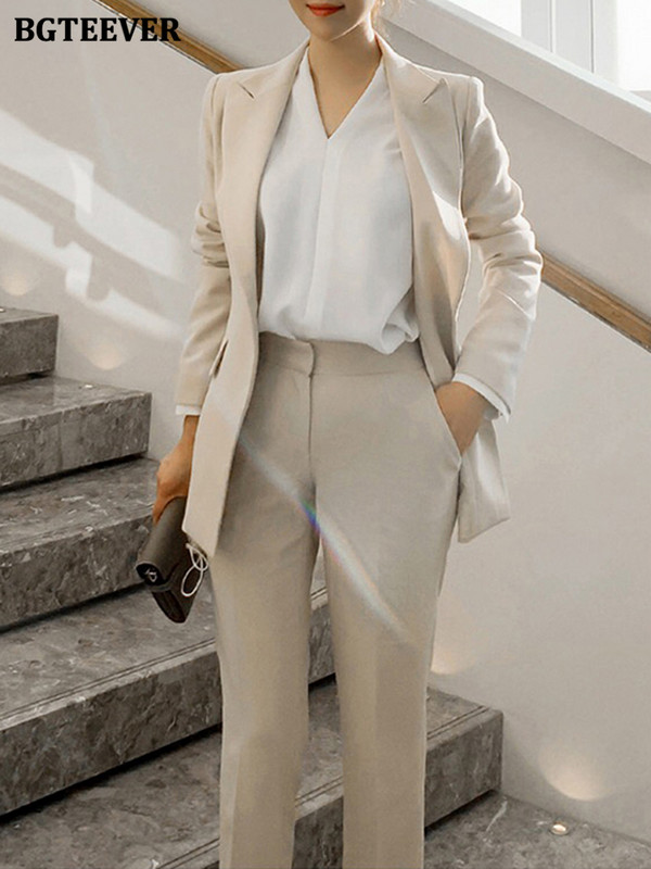 BGTEEVER Fashion Chic Doamnelor Costume solide cu pantaloni Blazer cu un singur buton și Pantaloni de costum cu talie înaltă Set de pantaloni 2 piese pentru femei elegante