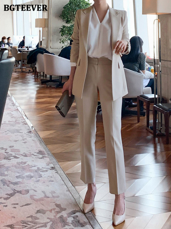 BGTEEVER Fashion Chic Doamnelor Costume solide cu pantaloni Blazer cu un singur buton și Pantaloni de costum cu talie înaltă Set de pantaloni 2 piese pentru femei elegante
