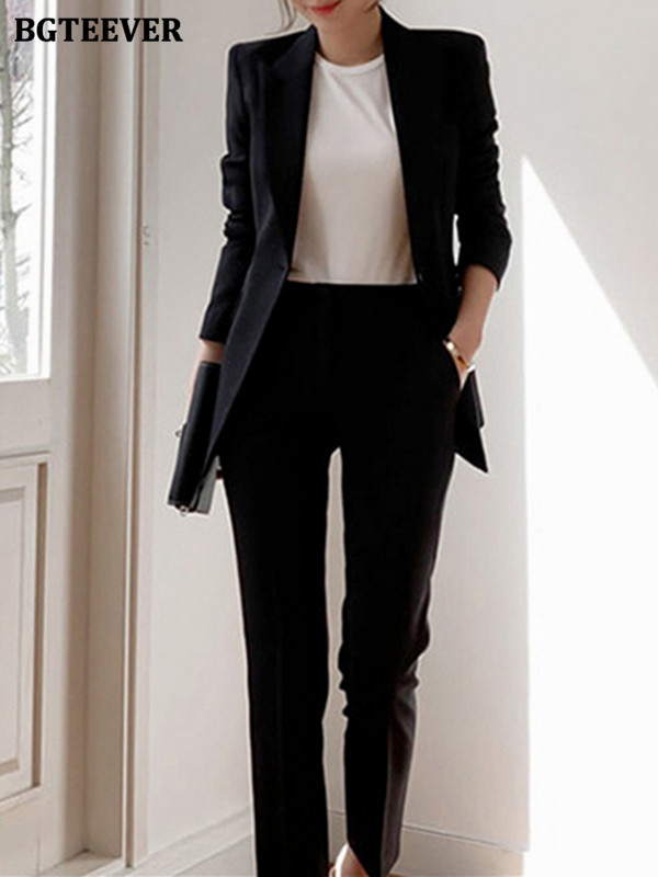 BGTEEVER Fashion Chic Doamnelor Costume solide cu pantaloni Blazer cu un singur buton și Pantaloni de costum cu talie înaltă Set de pantaloni 2 piese pentru femei elegante
