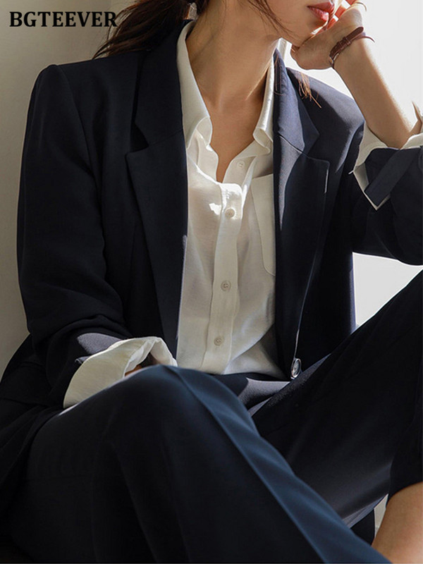 BGTEEVER Set de sacou 2 bucăți, elegant, în vrac Femade, costum de toamnă cu guler crestat, jachete și pantaloni cu picioare largi, costume cu pantaloni pentru femei