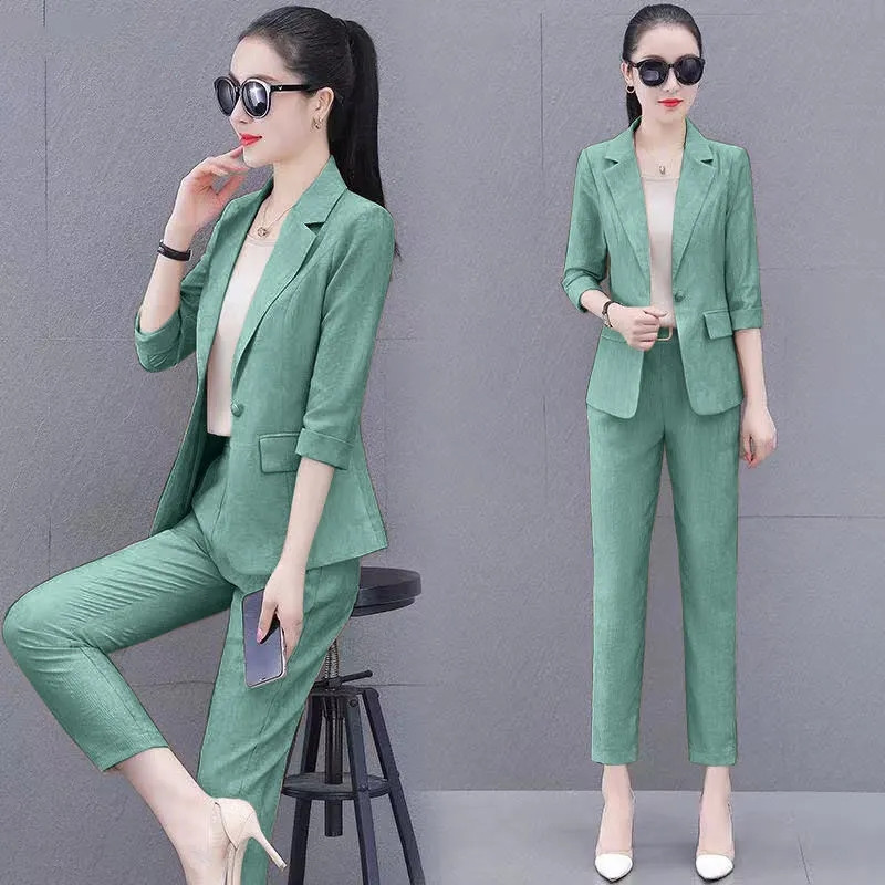 Moda coreeană costum solid slim femei birou elegant set 2 piese ocazional blazer necăptușit jachetă și ținută pantalon creion până la gleznă