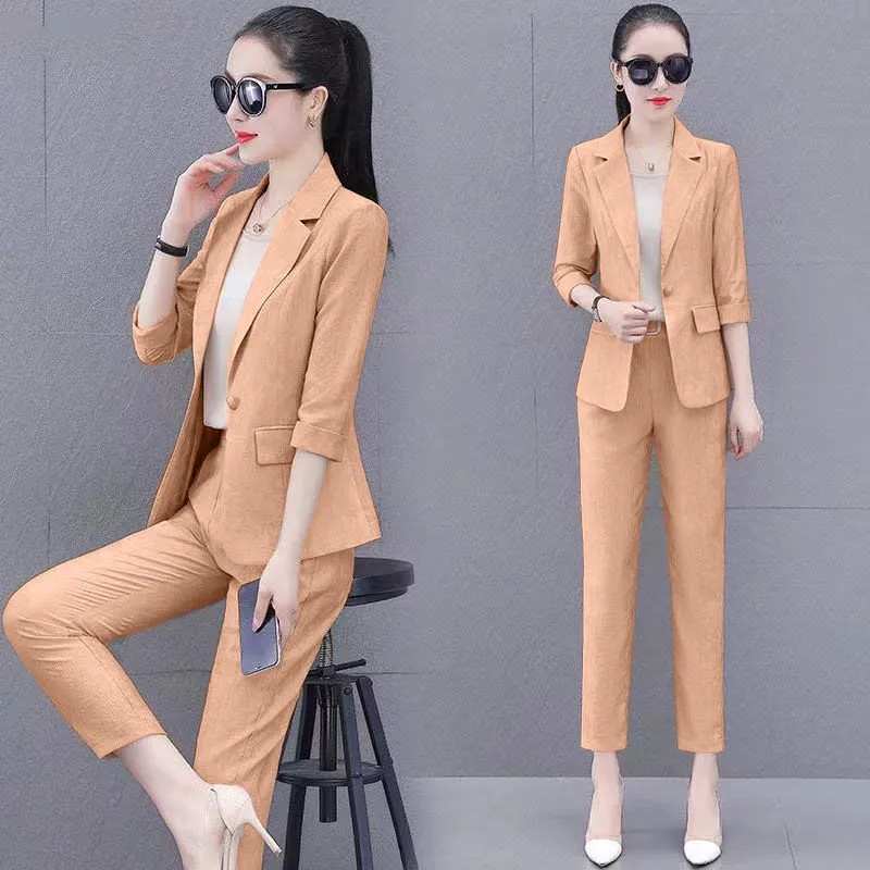 Moda coreeană costum solid slim femei birou elegant set 2 piese ocazional blazer necăptușit jachetă și ținută pantalon creion până la gleznă