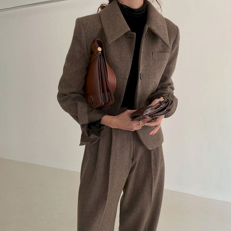 Costum pentru femei Blazere Pantaloni Două piese Moda coreeană Chic Retro rever în spina de pește Talie înaltă Pantaloni largi plisați Pantaloni pentru femei