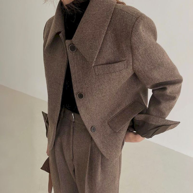 Costum pentru femei Blazere Pantaloni Două piese Moda coreeană Chic Retro rever în spina de pește Talie înaltă Pantaloni largi plisați Pantaloni pentru femei