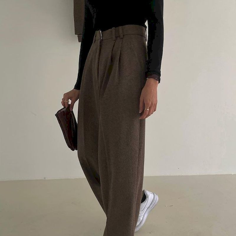 Costum pentru femei Blazere Pantaloni Două piese Moda coreeană Chic Retro rever în spina de pește Talie înaltă Pantaloni largi plisați Pantaloni pentru femei