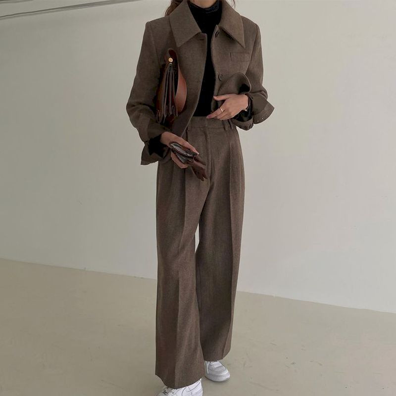 Costum pentru femei Blazere Pantaloni Două piese Moda coreeană Chic Retro rever în spina de pește Talie înaltă Pantaloni largi plisați Pantaloni pentru femei