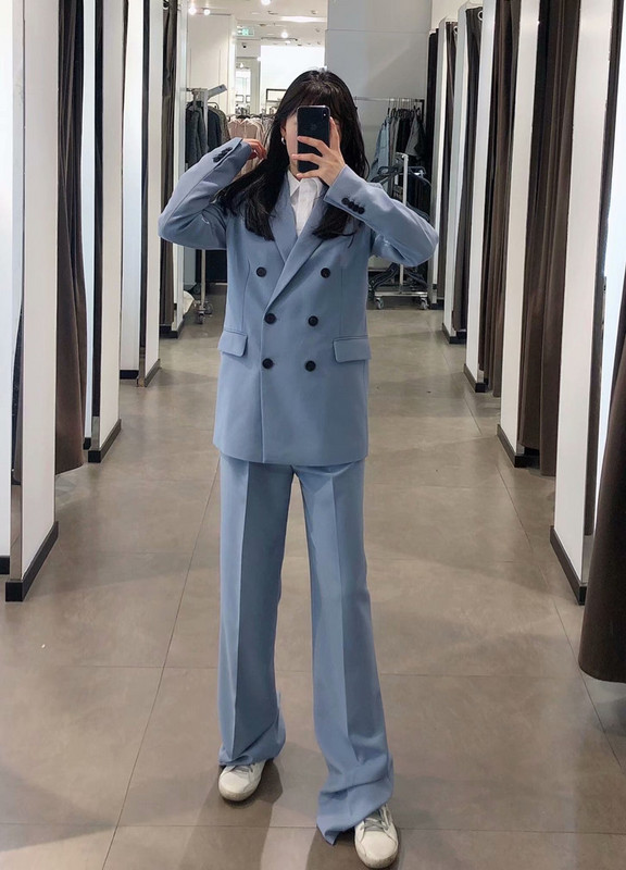 Blazer albastru pentru femei Blazer pentru dama de birou Jacheta pentru femeie Set 2 piese Costume cu pantaloni 2022 primavara toamna ZA tinute casual business elegante